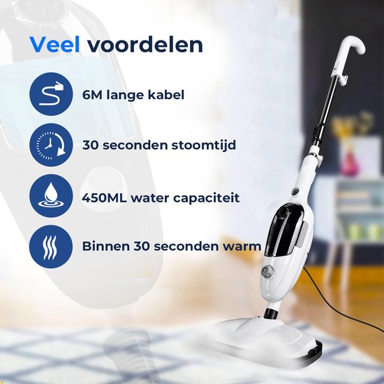 URGOODS Stoomreiniger – Incl. Opzetstukken & Microvezeldoeken – 1300 W – 20 x 45 x 180 cm – Wit