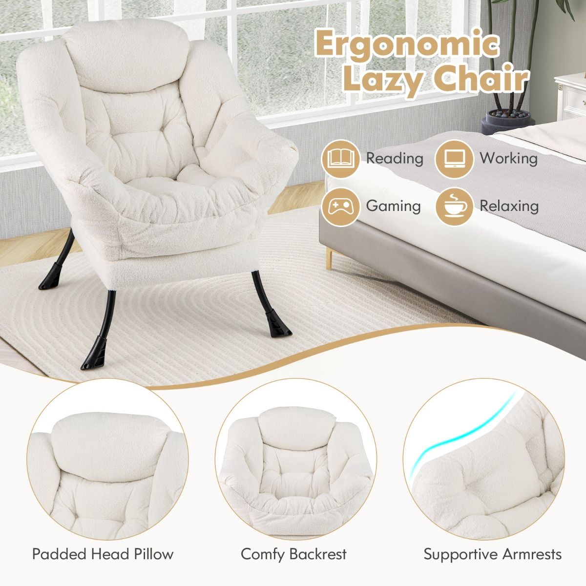 Coast Relaxfauteuil - Gestoffeerde loungestoel met hoofdkussen - Opbergvak - Beige