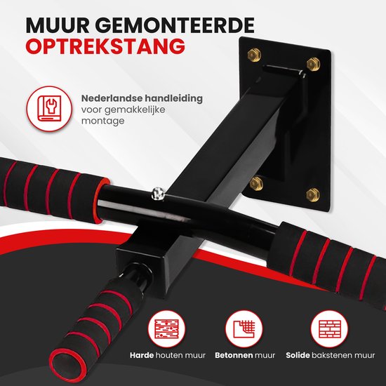 TTD® Premium Pull Up Bar - Pull Up Station - Optrekstang Wandmontage - Dip Station - Dip Bars - Thuis Sporten - Thuis Fitness - Premium materialen - Extra stevige montage onderdelen - Home workout - Zwart/Rood