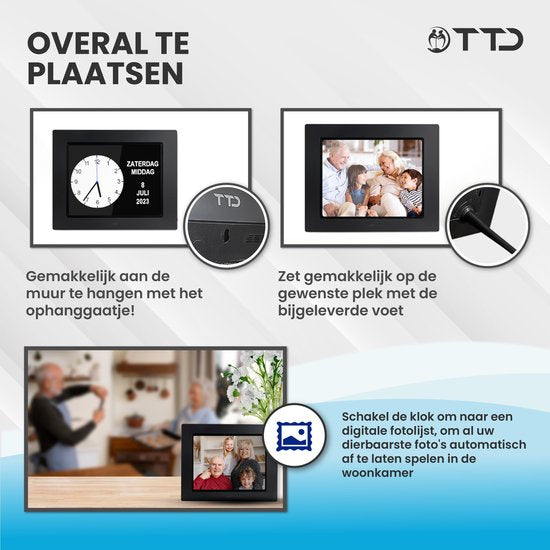 TTD® Dementieklok XL 8 Inch – Klok met Dag & Datum – Analoge & Digitale Weergaves – Handleiding in Groot Lettertype – Wekker – Kalenderklok voor Ouderen en Slechtzienden - Alzheimerklok - Seniorenklok