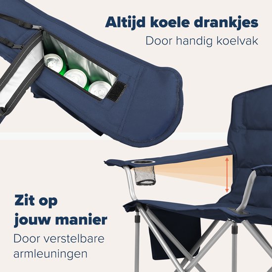 TRVLMORE Campingstoel - Opvouwbaar - XL - Comfortabele Vouwstoel - 150 kg draagvermogen - Drankhouder - Koelvak - Visstoel - Klapstoel - Blauw
