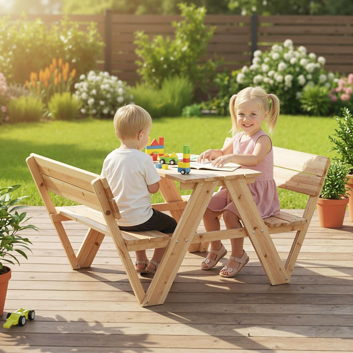 Coast Kinderpicknicktafel - houten peutertafel en bankenset - met rugleuning - naturel