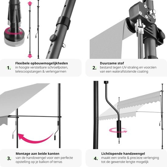 tectake - klemluifel - Zonnescherm – Zonneluifel - Verstelbaar - Klem-zonwering - Zonnescherm Balkon - 300 x 180 cm - lichtgrijs – zonwering - 404963