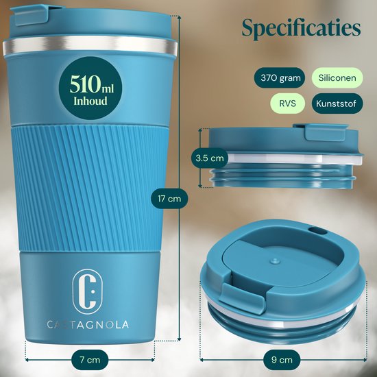 Castagnola Thermosbeker - Koffiebeker To Go - Travel Mug voor Koffie en Thee - Theebeker - 510 ML - RVS - Blauw