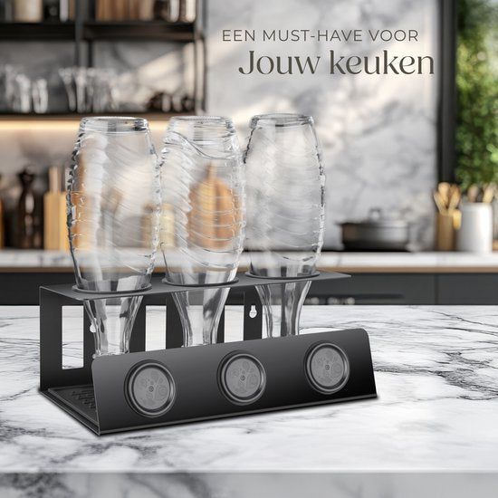 tectake® Soda-flessenhouder - Lekbak voor flessen - Flessenstandaard - Afdruiprek - RVS - Incl. verwijderbaar druipmatje - Voor 3 flessen