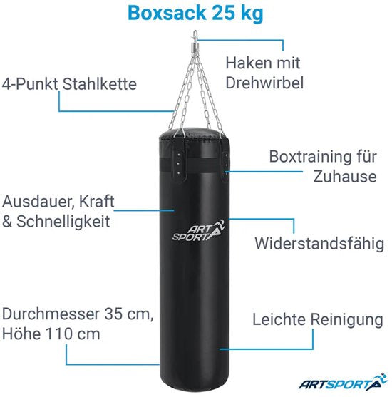 Bokszak 25kg met 4-punts stalen kettingen en karabijnhaak