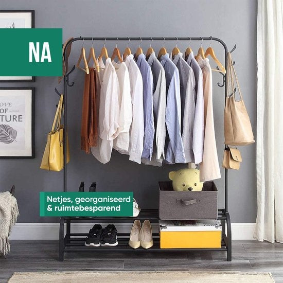 Avalo Industrieel Kledingrek - Metaal - 110x33x150 CM - Zwart - Opbergruimte Voor Schoenen - Garderoberek Met Haken