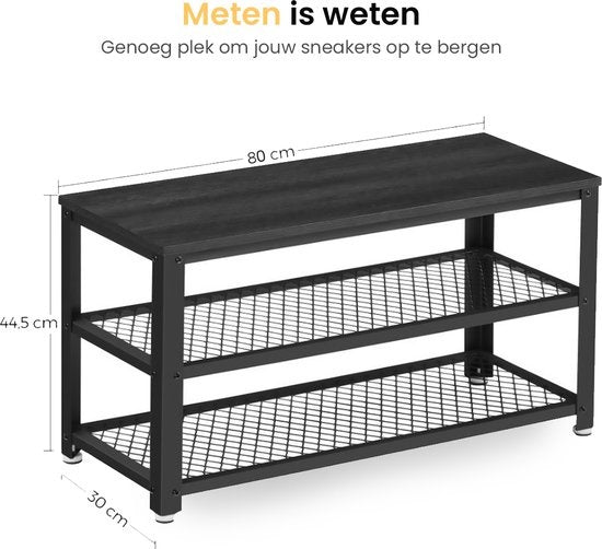 Goliving Schoenenrek – Schoenenbank – Halbank – Industrieel – 30 x 80 x 45 cm – Metaal – Zwart Hout