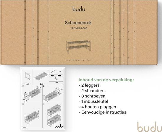 Budu Schoenenrek (2 niveaus) - Bamboe Schoenenrek - Houten Schoenenkast - Schoenenrek hout