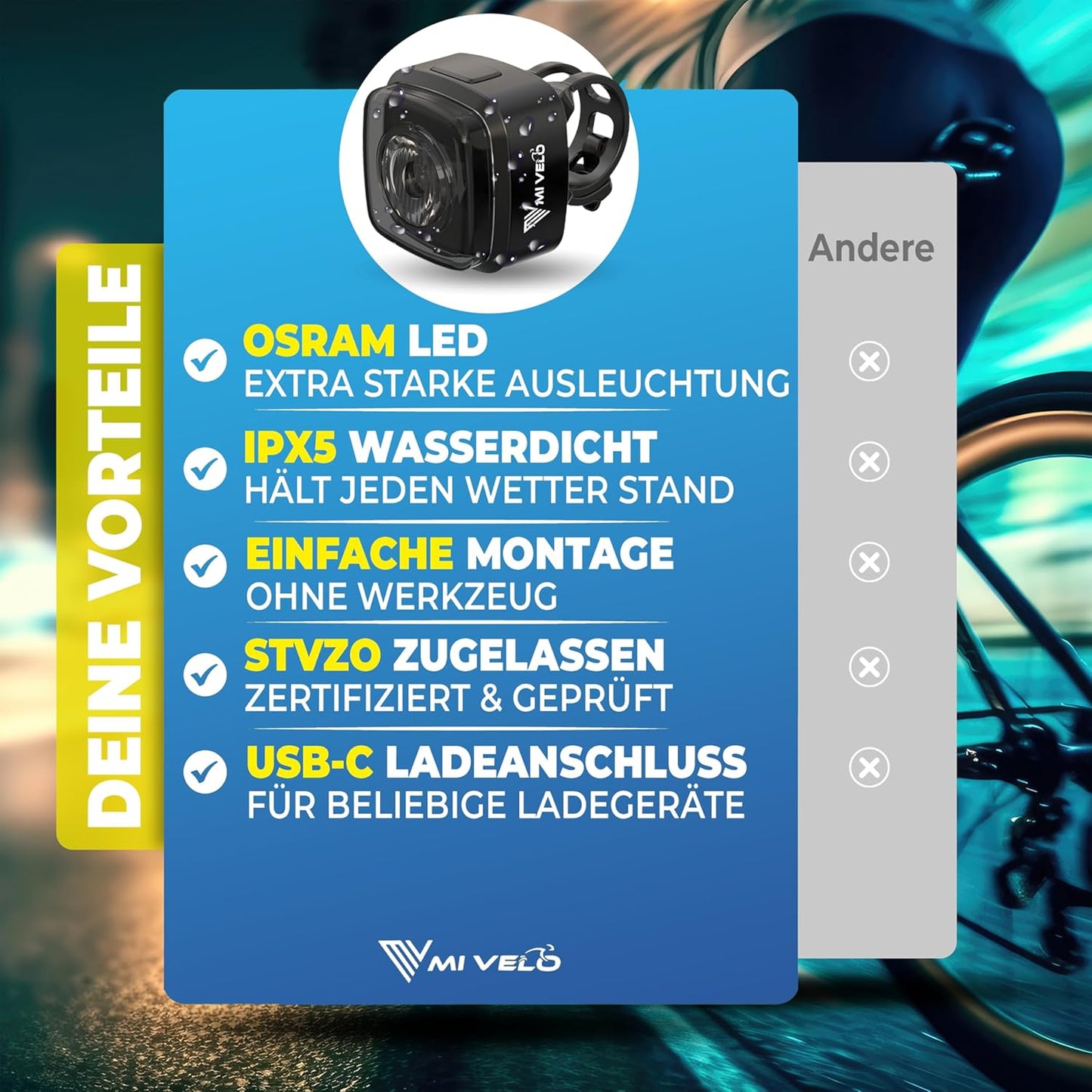 Mivelo Fietslampenset – LED Voor- & Achterlicht – USB Oplaadbaar – Waterdicht