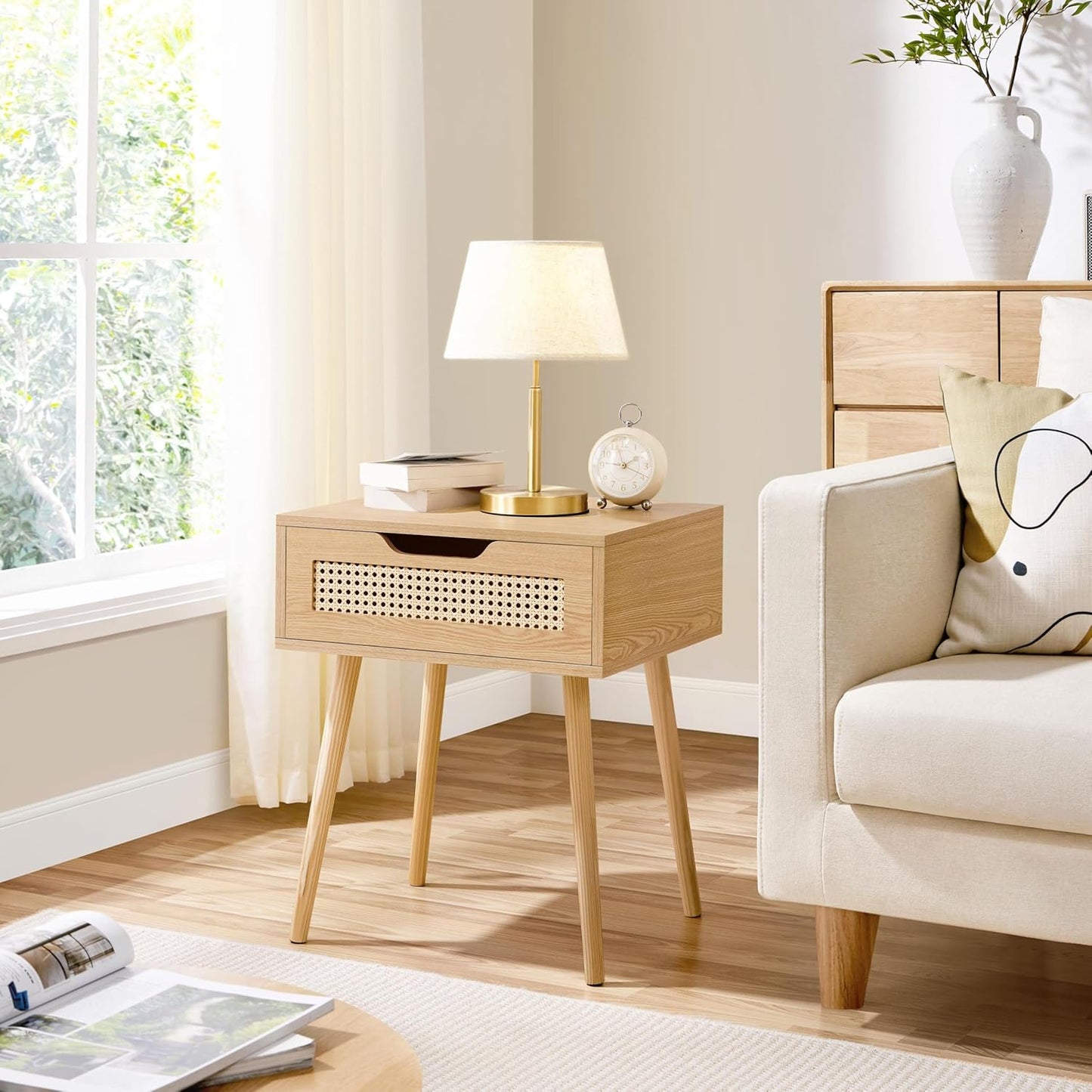 Yaheetech Nachtkastje met Rotan Lade – Lichtbruin – 48,5 x 41 x 57,5 cm – Houten Poten