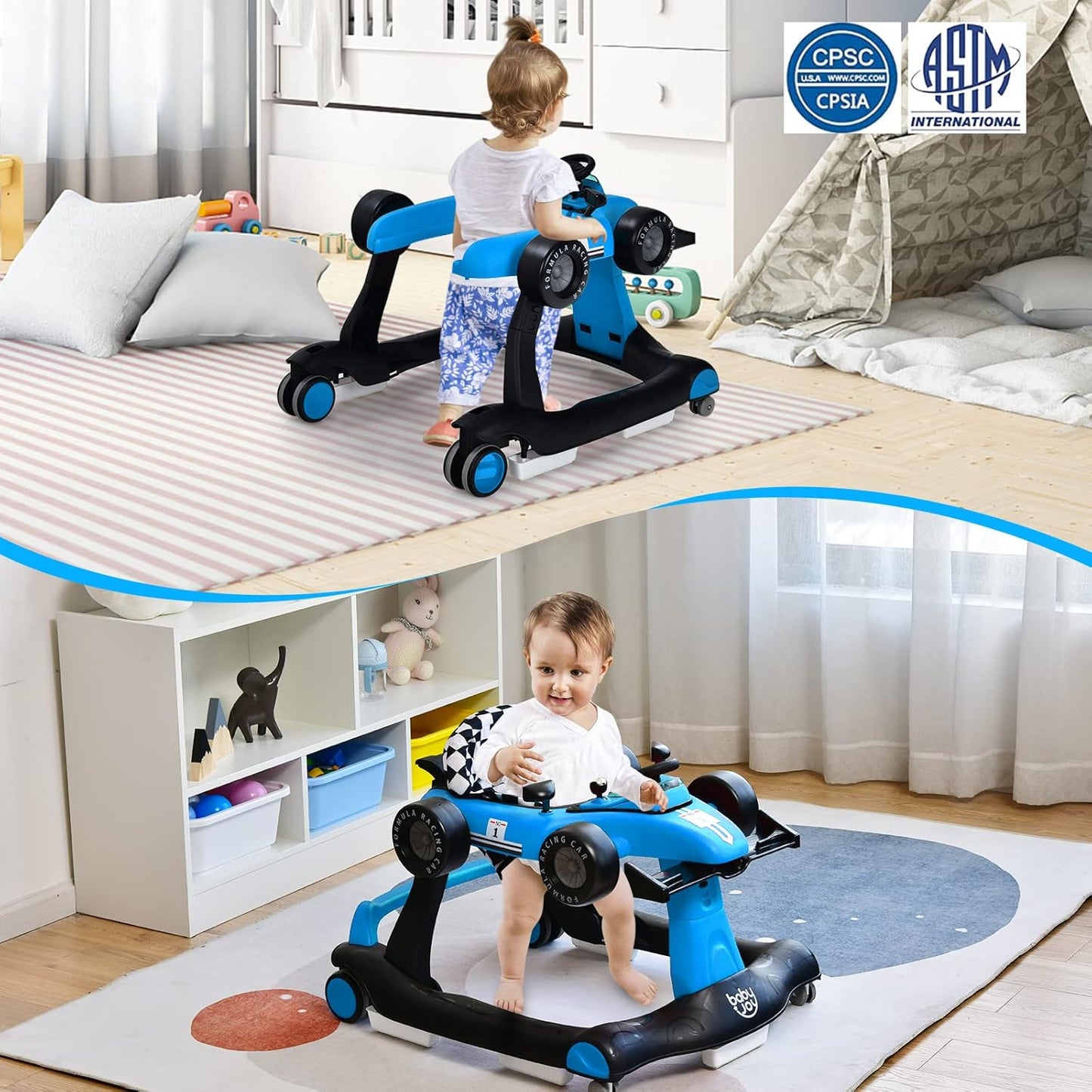 Coast 4-in-1 Loopwagen - Instelbare Hoogte - Anti Slip Pads - Blauw - 73 x 64 x 50,5-55,5 cm