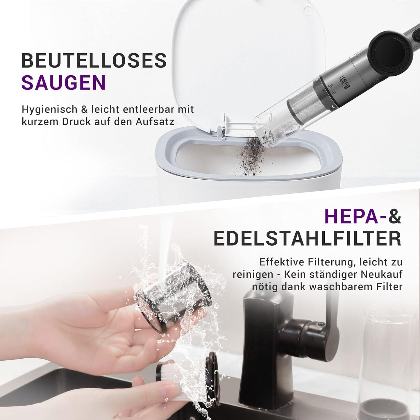 LEBENLANG Draadloze Stofzuiger - Accu - 17000PA - 135W - Sterke Lithiumbatterij - Inclusief Oplaadstation - Grijs