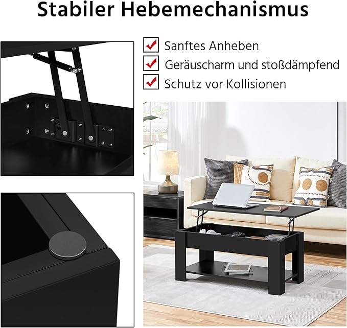 Yaheetech Salontafel met Lift-Top – Zwart – In Hoogte Verstelbaar met Verborgen Opbergruimte