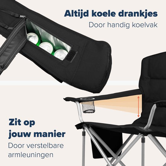 TRVLMORE Campingstoelen - Opvouwbaar - 2 Stuks - XL - Vouwstoelen - 150 kg draagvermogen - Drankhouder - Koelvak - Zijvak - Klapstoel - Zwart