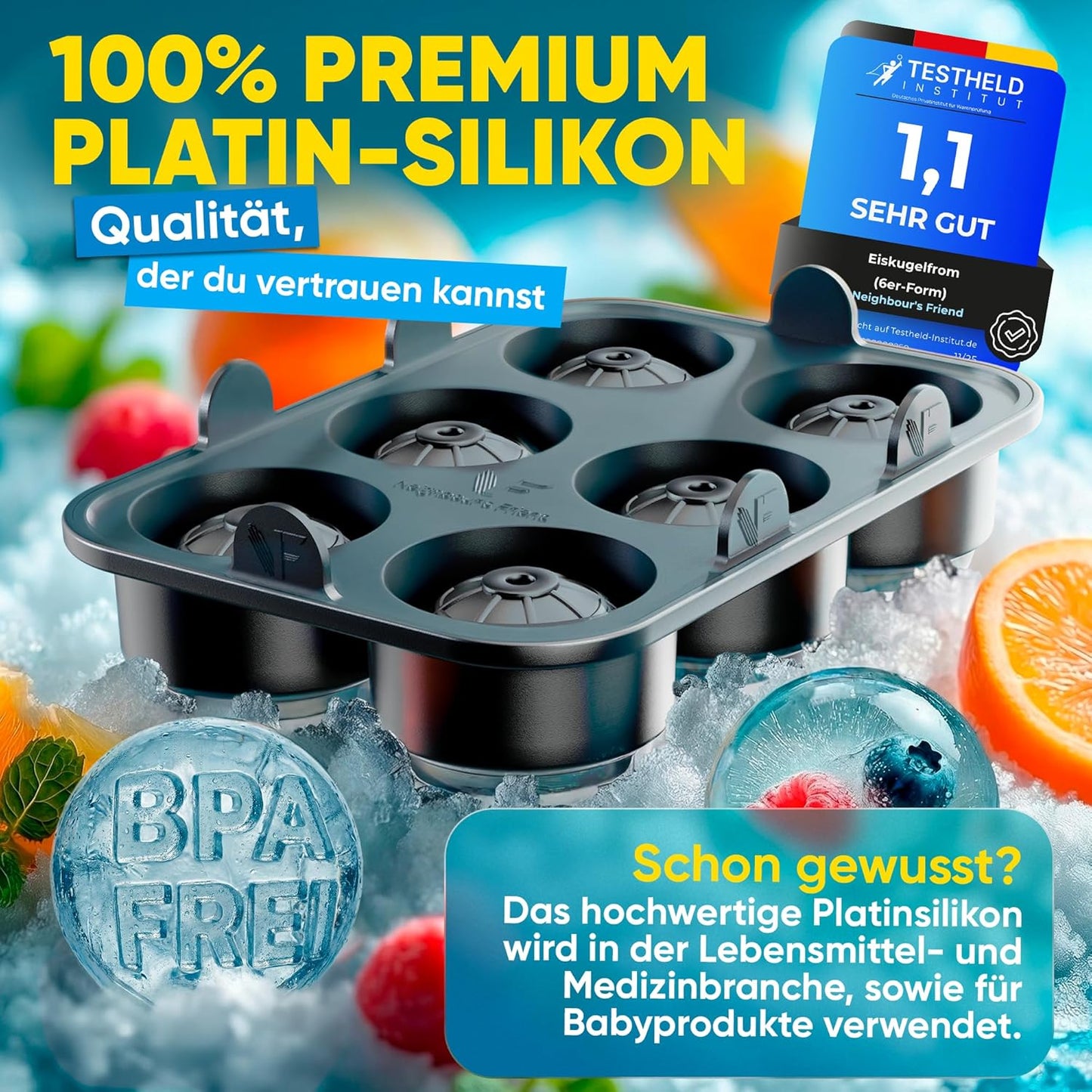 Neighbour's Friend - Gepatenteerde XXL ijsblokjesvorm Platinum - ronde grote ijsblokjesvorm voor cocktails, gin & dranken - 6 ijsballen, vaatwasmachinebestendig