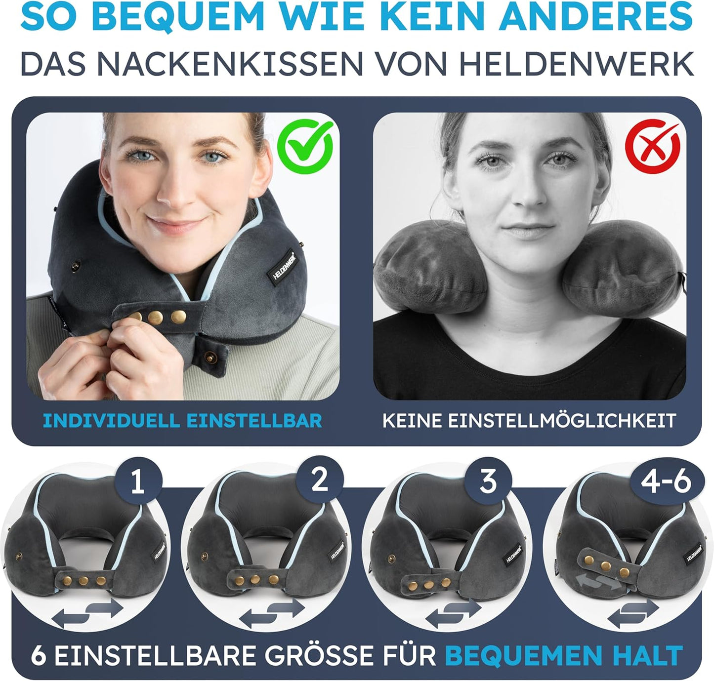 Heldenwerk nekkussen met capuchon – 6-voudig verstelbaar – Wasbaar – Donkergrijs