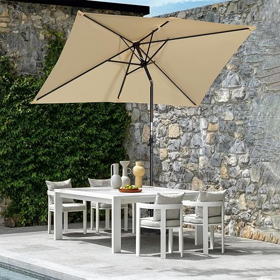 Angel Living Tuinparasol Rechthoekig – Voorzien Van Opdraaimechanisme Met Slinger En Ventilatieopening En Verstelbare Kap – Voor Tuin En Balkon – Beige Polyester En Aluminium – 210x140 cm