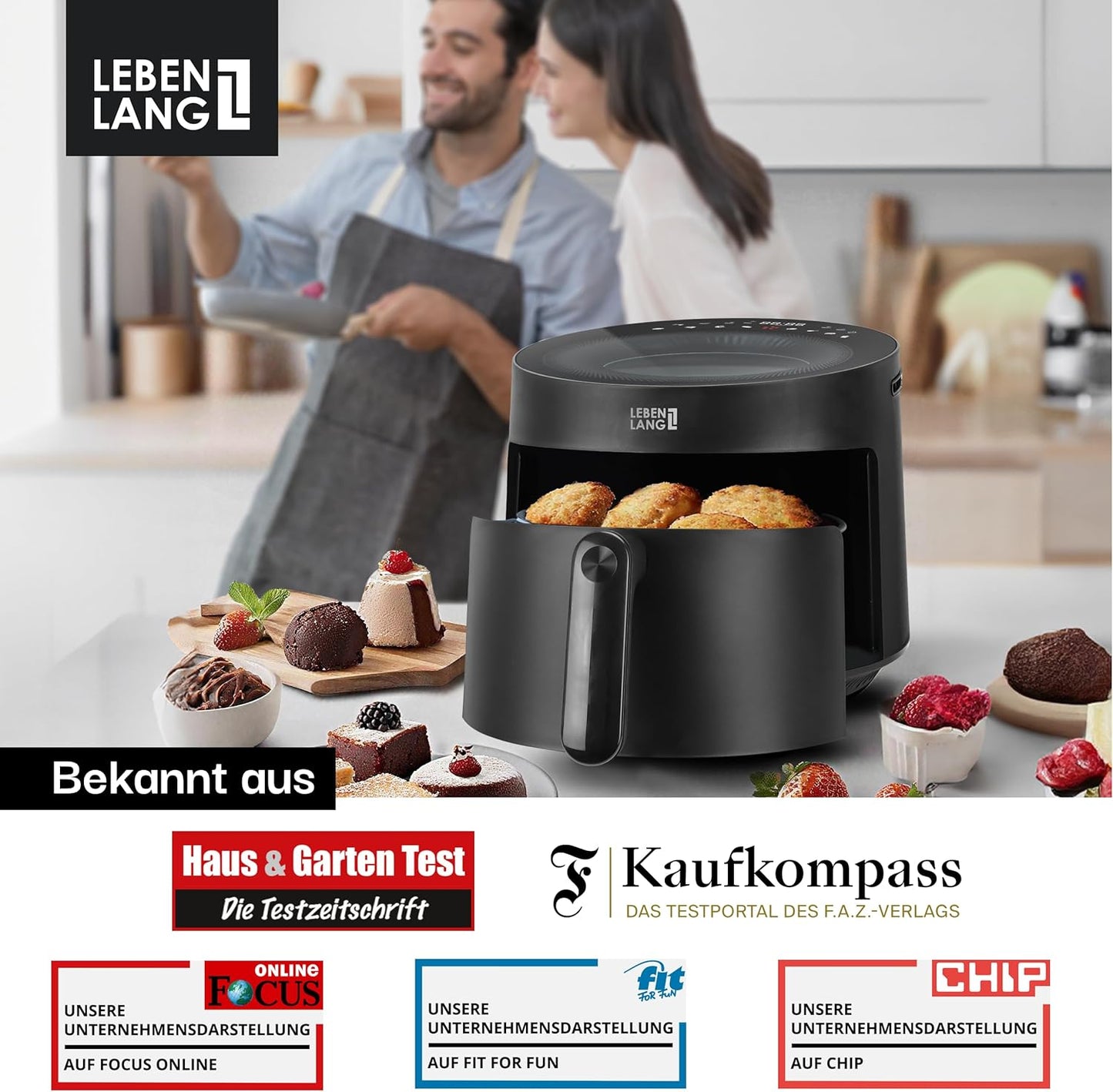 LEBENLANG Airfryer 5L & 1500W - 8 Programma's - Inclusief receptenboek - 45 x 30 x 27 cm - Zwart