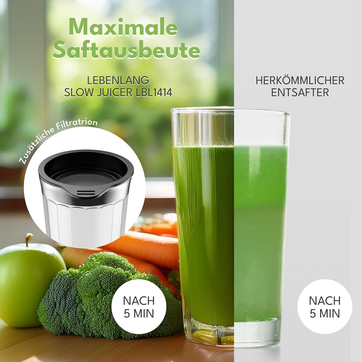 LEBENLANG Slow Juicer Verticaal 17x17x45 cm – Mat Zwart – Grote 120 mm Opening – 300W – 600 ml – BPA-vrij – Voor Hele Vruchten en Groenten