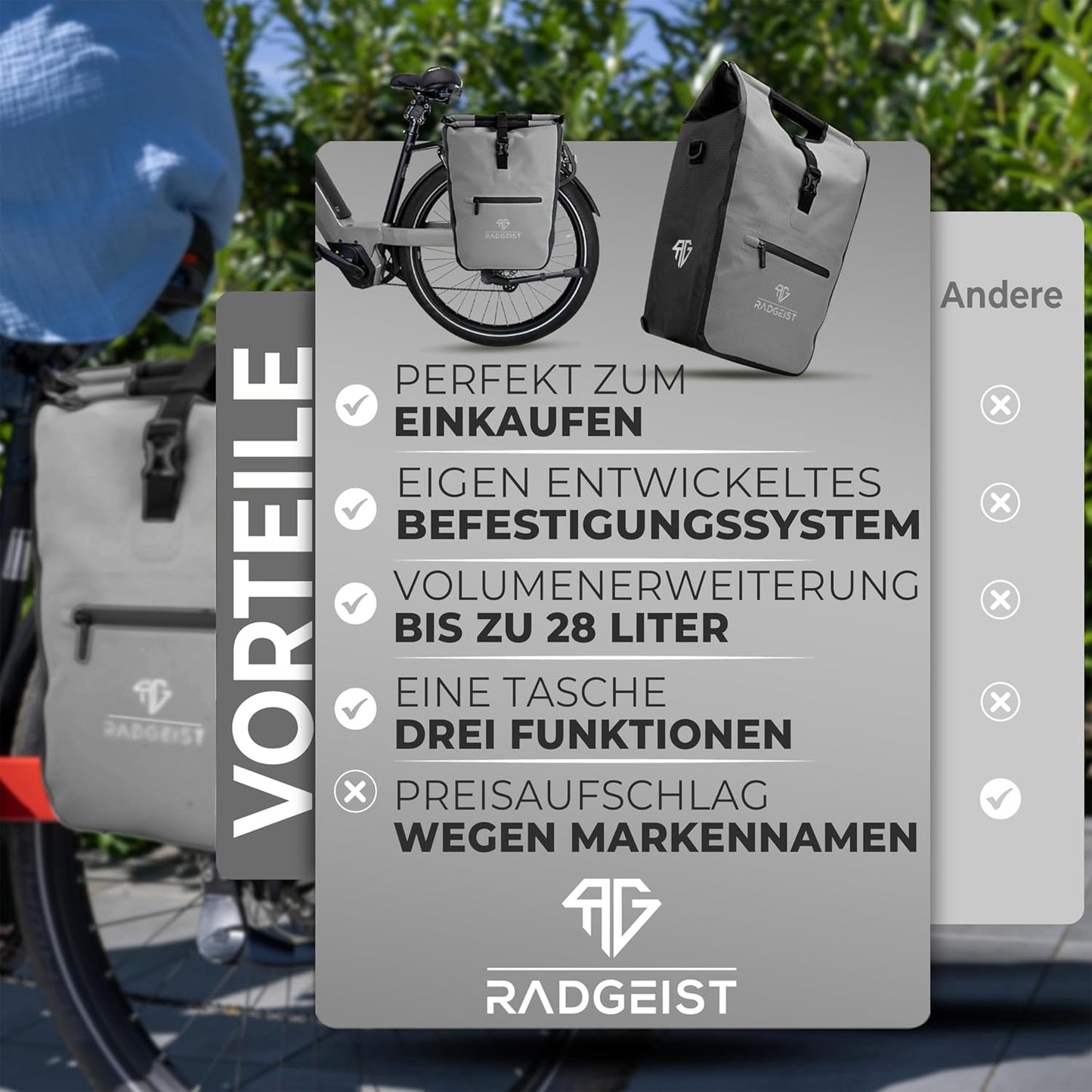 RADGEIST fietstas voor bagagedrager I fietstas shopper met uitneembare koeltas I boodschappentas & boodschappendraagtas 22-28 liter - grijs
