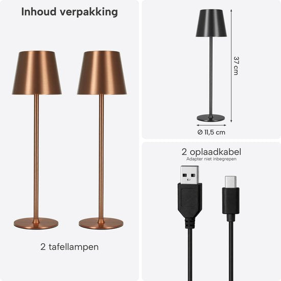 Draadloze Tafellamp - Draadloos en USB-C-Oplaadbaar – 3 LED Lichtkleuren – Binnen en Buiten – Set van 2 Stuks - Brons - BREND BR-2247