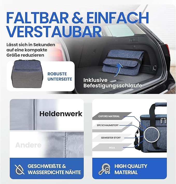 Heldenwerk Grote opvouwbare koeltas – Geïsoleerde koelbox, thermotas, lekvrij en waterdicht – Picknick- en lunchtas – 30 L – Donkergrijs