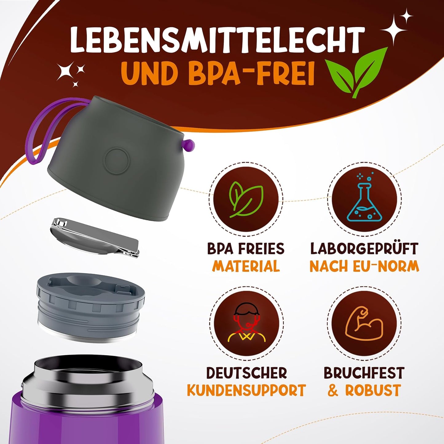 Funkelfuchs® thermosbeker voor kindervoeding - 500ml, paarse prinses - 100% lekvrij - roestvrijstalen warmhoudbeker - thermische beker - thermische lunchbox - babyvoeding