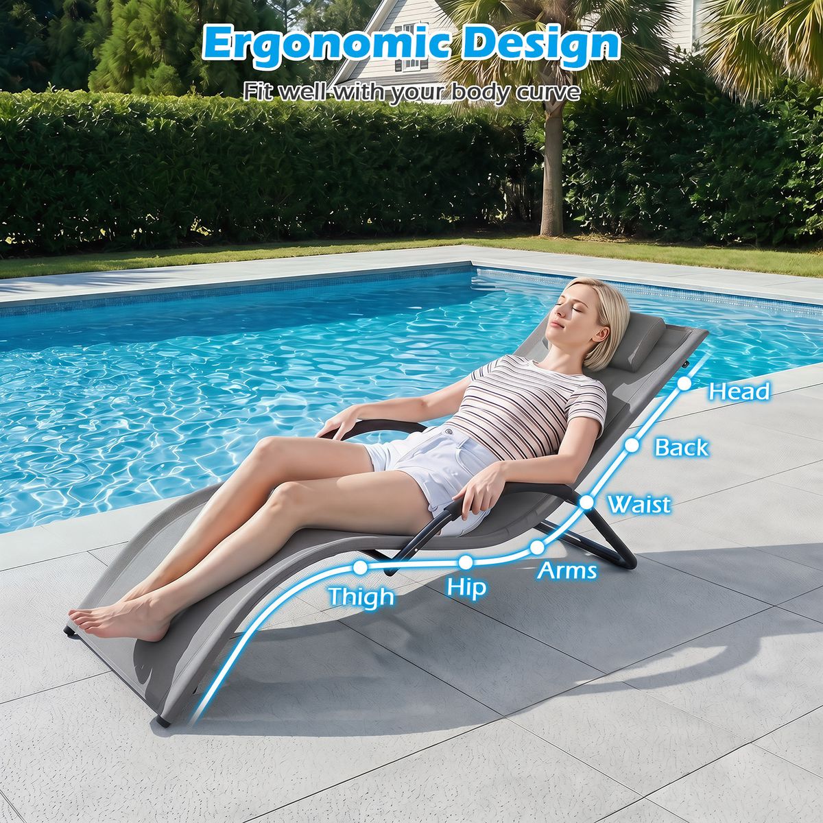 Coast Tuinligstoel - ergonomisch ontwerp - afneembare hoofdsteun - grijs - 1 stuks