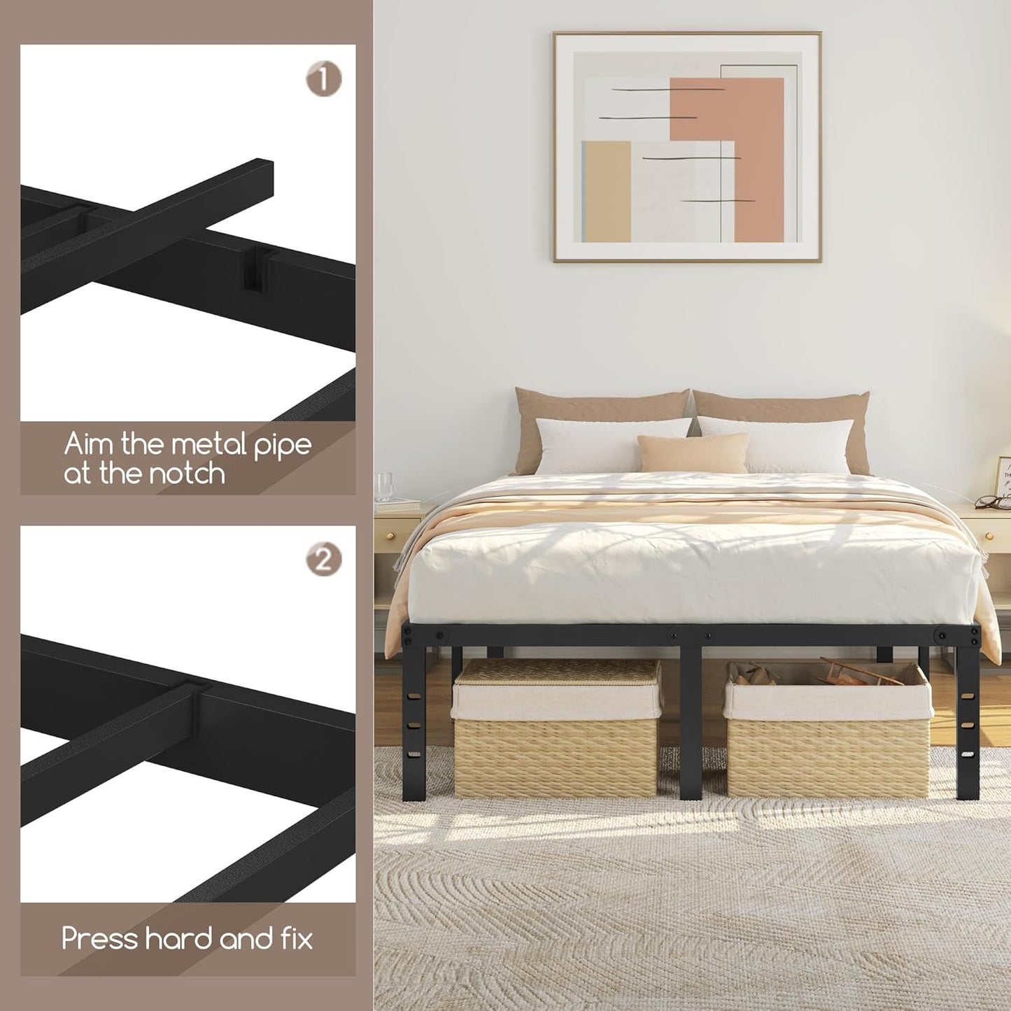 Yaheetech Metalen Bedframe 135 x 190 cm – Zwart – 135 x 190 x 41,5 cm – Met Stalen Lattenbodem en Opbergruimte