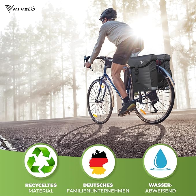 MIVELO - Dubbele Fietstas - 36L Inhoud - Zwart & RPET - Regenbescherming - MIK & Racktime Compatibel - Van Gerecycled Materiaal