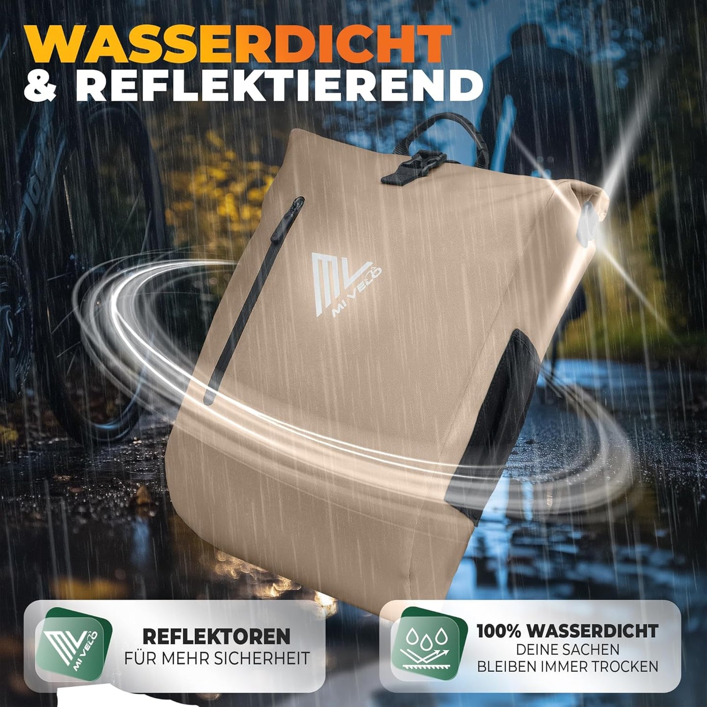 MIVELO 3-in-1 Waterdichte Fietstas met Laptopvak en Slot - PVC-vrij - Zandbeige - 20 L