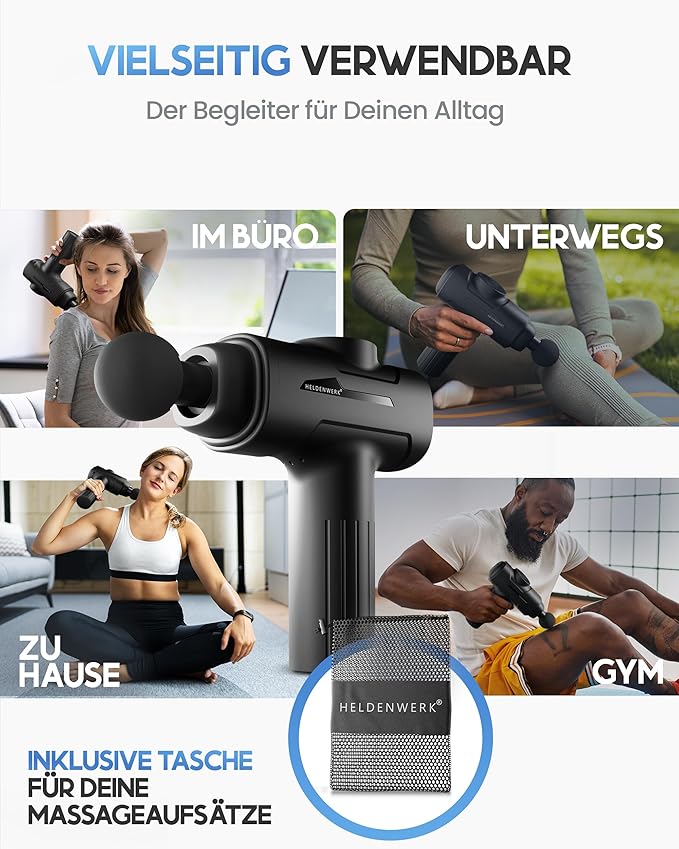 Heldenwerk Massagepistool met 6 opzetstukken – 3200 omw/min, USB-C, spiermassageapparaat - Zwart