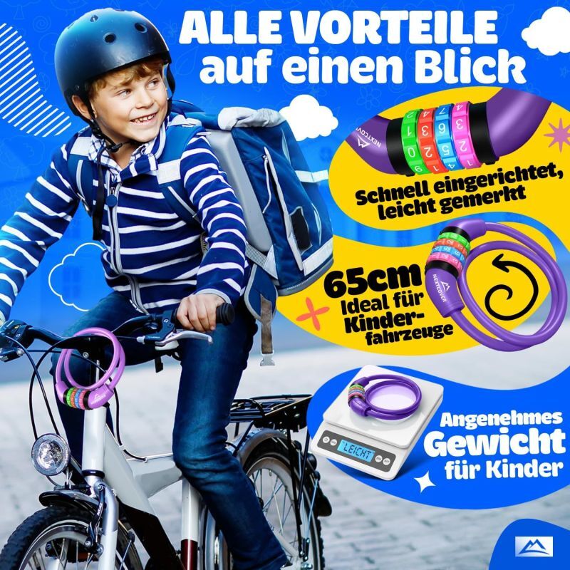 NEXTCOVER® Kinderfietsslot met 4-cijferige cijfercode - Kinderfietsslot - Ideaal voor scooters, fietsen & meer - Combinatieslot fiets met kleurrijke cijfers - Scooterslot Extra robuust & veilig
