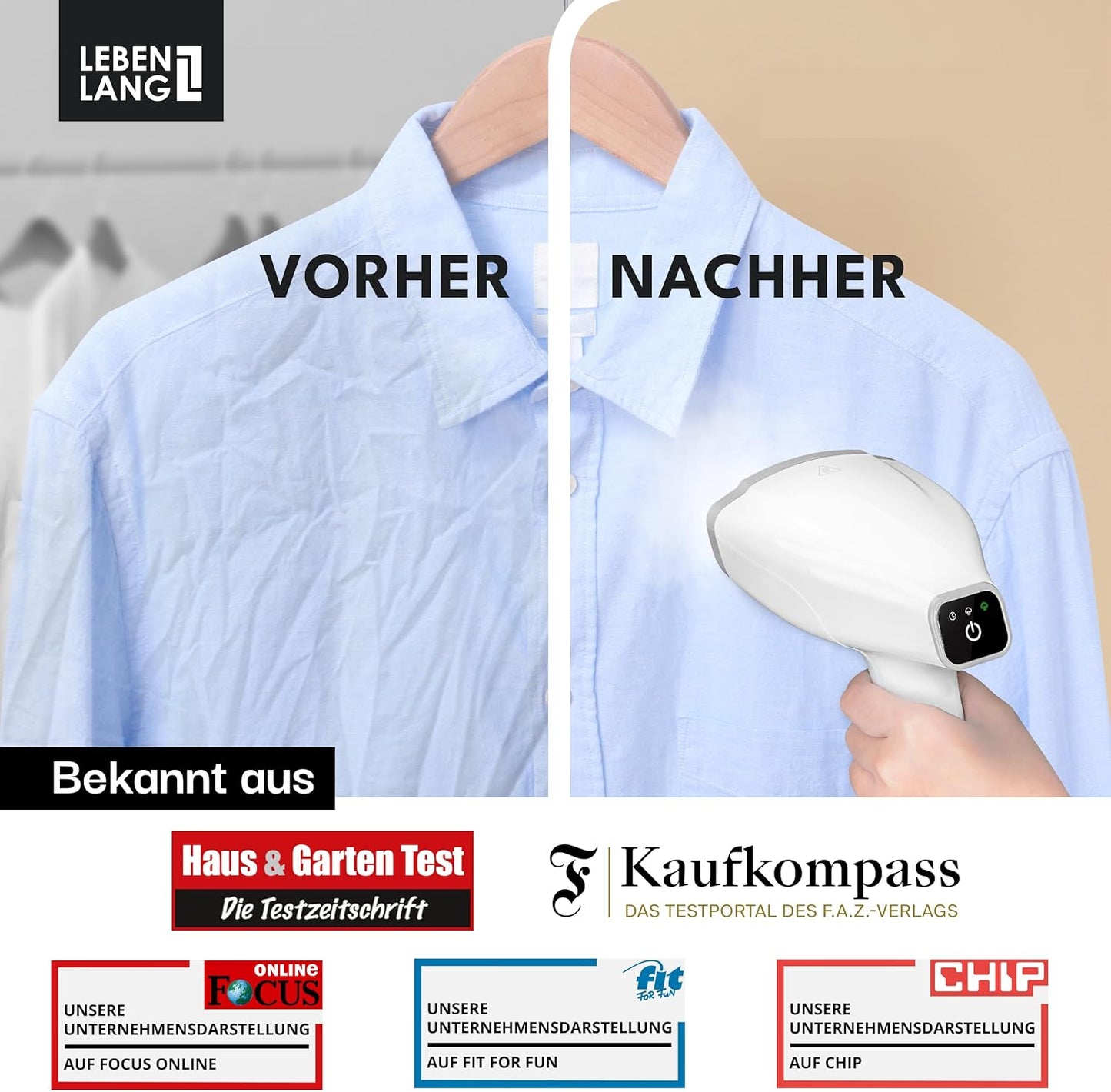 LEBENLANG Stoomstrijkijzer – Handstomer met LCD & 2 Opzetstukken – 1500W – 300 ml – 7 x 4 x 10 cm – Wit