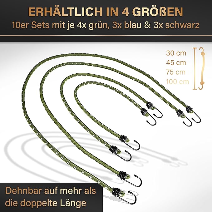 Heldenwerk Set van 10 rubberen spanbanden met haken – TÜV/GS-getest, elastisch, 30-100 cm, voor transport, camping en veiligheid
