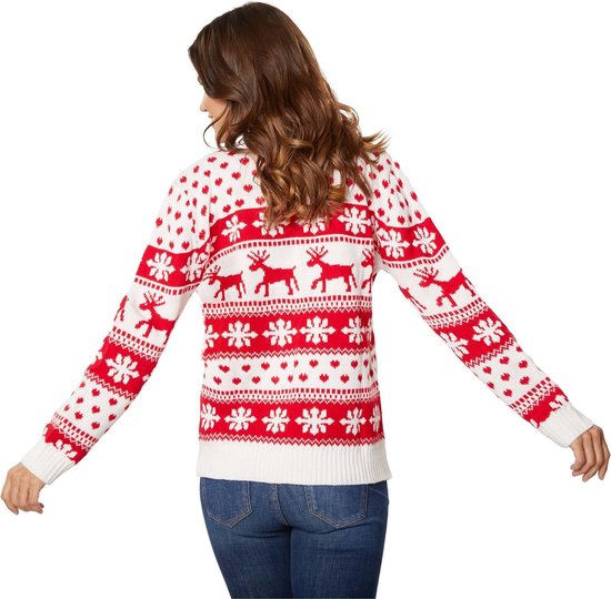 Dressforfun Kersttrui wintertoverpracht wit-rood voor vrouwen XXL - verkleedkleding kostuum halloween verkleden feestkleding carnavalskleding carnaval feestkledij partykleding - 303339