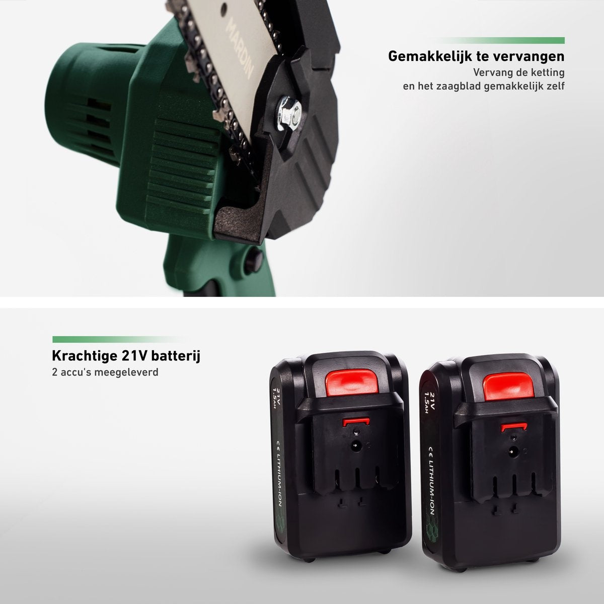 Mardin Mini Kettingzaag – Snoeizaag – 2 Accu’s – Incl. Koffer - Groen