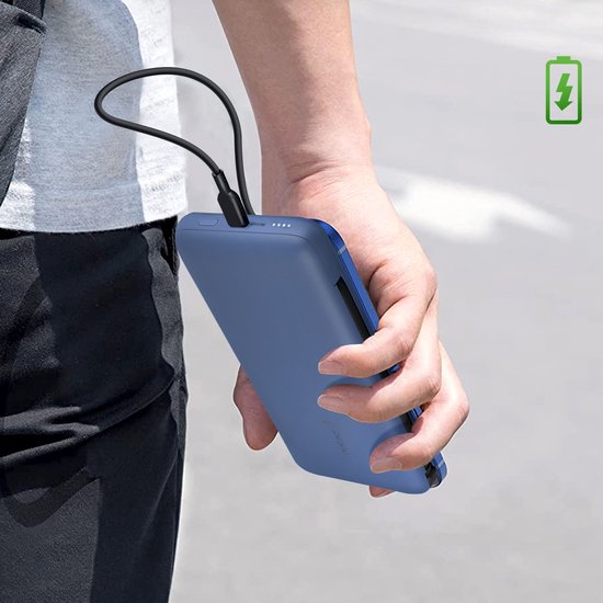 Belkin 10K PD - Powerbank - Met Geïntegreerde Kabels (USB-C & Lightning) - Blauw