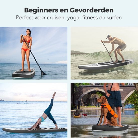 LifeGoods SUP Board - Opblaasbaar Paddle Board - Complete Set - Max. 135KG - 320x81cm - Wit/Zwart