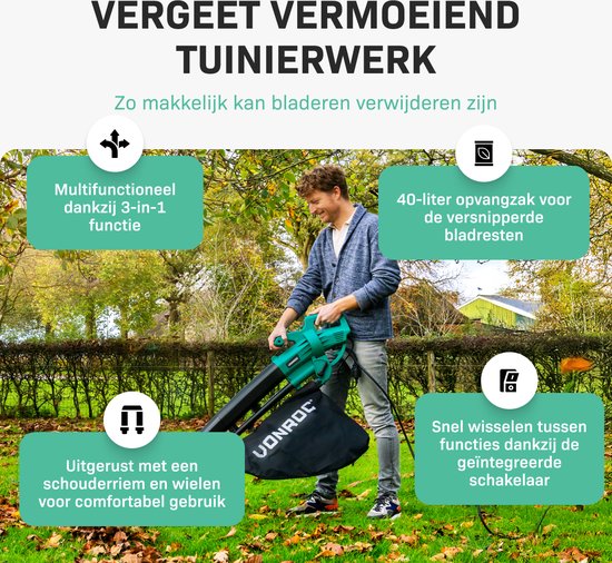VONROC Bladblazer – Zuigen & Versnipperen – 3300 W – Incl. 40 liter Opvangzak – Zwart