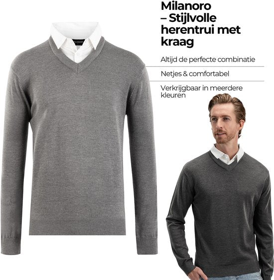 Milanoro - Herenpullover met overhemdkraag - Donkergrijs - S
