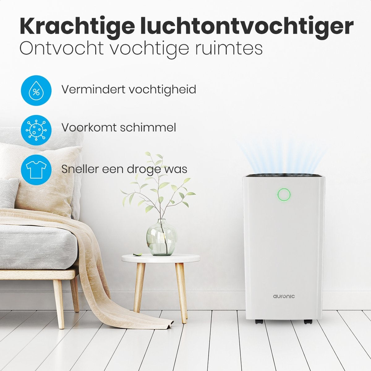 Auronic Luchtontvochtiger – 2 Liter Reservoir, 185 W, Voor Ruimtes tot 20 m² – 30,5 x 26,5 x 52 cm – Wit