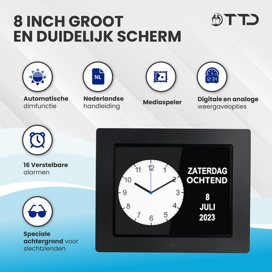 TTD® Dementieklok XL 8 Inch – Klok met Dag & Datum – Analoge & Digitale Weergaves – Handleiding in Groot Lettertype – Wekker – Kalenderklok voor Ouderen en Slechtzienden - Alzheimerklok - Seniorenklok