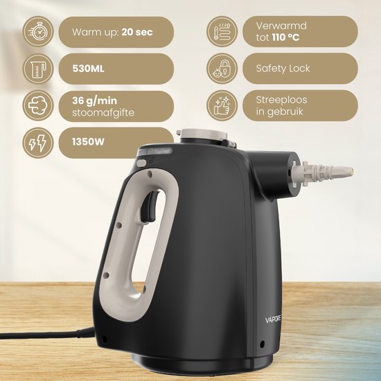 Vapore 11-in-1 Stoomreiniger - 1350W - 530ML - Incl. Opbergtas - Voor Vloer, Badkamer, Kleding en Bank - Tapijtreiniger - Handstoomreiniger - Handstomer - Stoomapparaat