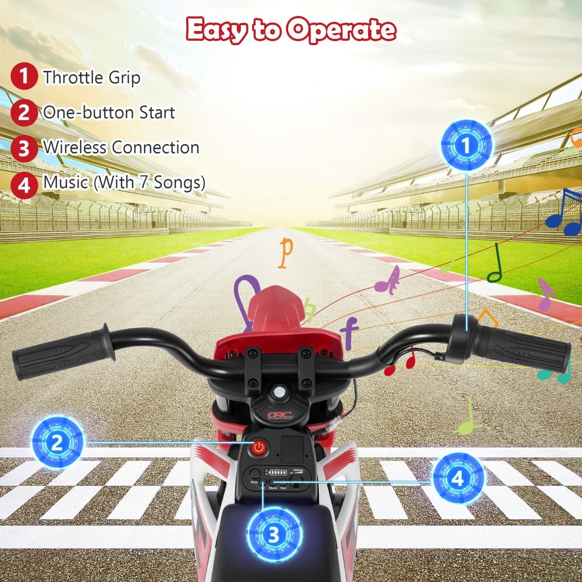 Coast Elektrische Kindermotorfiets - muziek en Bluetooth - zijwieltjes - rood