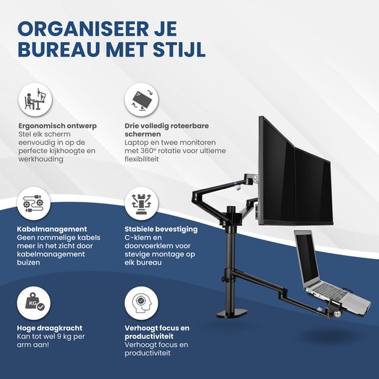TTD® Monitor Arm 2 Schermen & Laptop - Monitor Arm 3 Schermen - Monitor Arm voor 2 Beeldschermen en 1 Laptop - Volledig Roteerbaar en in Hoogte Verstelbaar - 9 kg per Arm - Monitor Beugel - Zwart - Aluminium - Laptop Standaard Verstelbaar