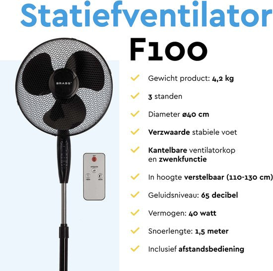 BRASQ Statiefventilator – 40 cm – Zwart – Met Afstandsbediening - Timer - Slaapmodus - In hoogte verstelbaar – Stille Ventilator - 40 Watt
