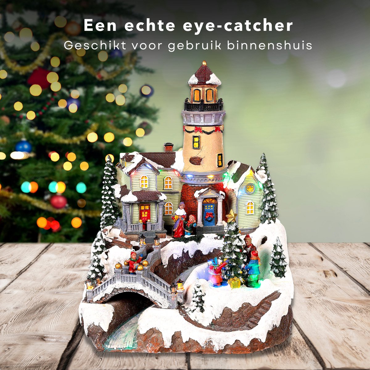 Cheqo kerstdorp met draaiende kerstboom - LED licht - 26x28x35 cm