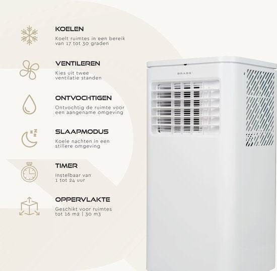 BRASQ 3-in-1 Mobiele airco met Raamafdichtingskit - Met afstandsbediening – Geschikt voor Slaapkamer - Woonkamer - Kantoor - Aircooler tot 16m2 - 9000 BTU – Wit